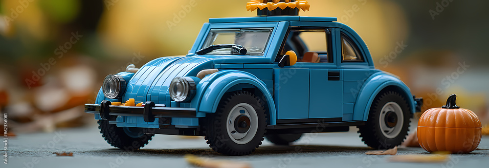 Toy car featuring a pumpkin placed on its roof. Toy car featuring a pumpkin placed on its roof.