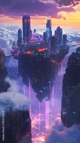 Futuristic floating city illuminated by neon lights hovering above a glowing crystal sea, with towering skyscrapers and vibrant sunset sky, blending sci-fi and fantasy in a surreal landscape
 photo