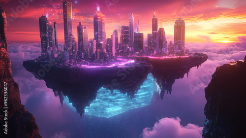 Futuristic floating city illuminated by neon lights hovering above a glowing crystal sea, with towering skyscrapers and vibrant sunset sky, blending sci-fi and fantasy in a surreal landscape
 photo