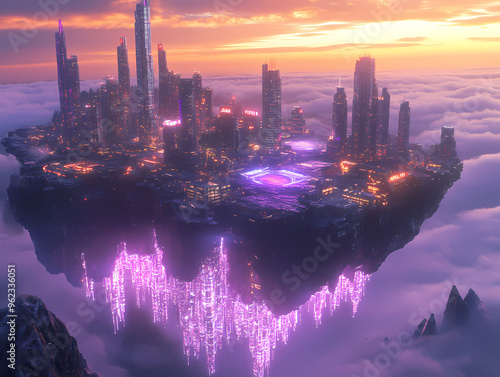 Futuristic floating city illuminated by neon lights hovering above a glowing crystal sea, with towering skyscrapers and vibrant sunset sky, blending sci-fi and fantasy in a surreal landscape
 photo