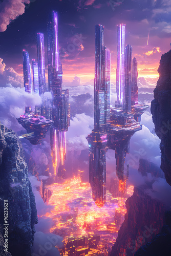 Futuristic floating city illuminated by neon lights hovering above a glowing crystal sea, with towering skyscrapers and vibrant sunset sky, blending sci-fi and fantasy in a surreal landscape
 photo