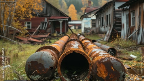 A row of large, rusted pipes lies in the overgrown yard of an abandoned rural area, surrounded by derelict buildings and autumn foliage. The scene evokes a sense of abandonment and the passage of time photo