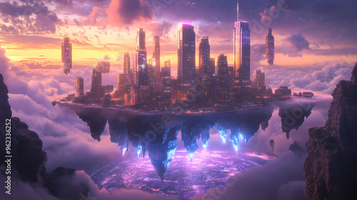 Futuristic floating city illuminated by neon lights hovering above a glowing crystal sea, with towering skyscrapers and vibrant sunset sky, blending sci-fi and fantasy in a surreal landscape
 photo