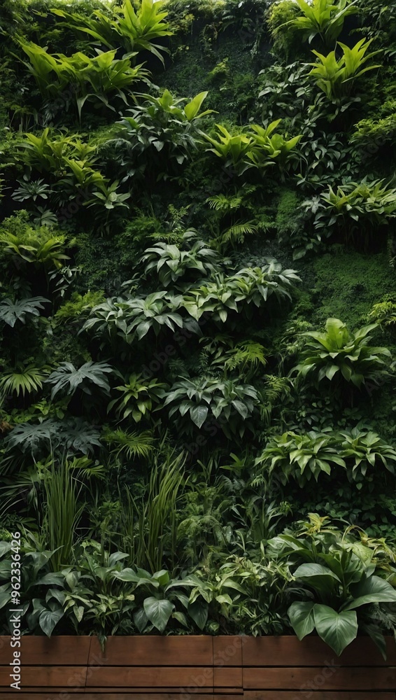 Green wall adorned with trees and plants, leaving ample space for text or display. Green wall adorned with trees and plants, leaving ample space for text or display.