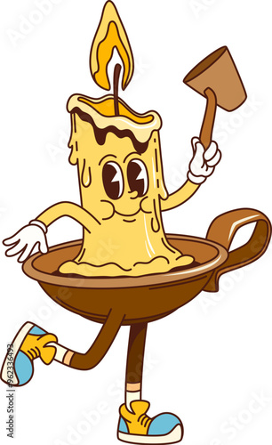 Cartoon groovy Christmas candle character with a flame and candle snuffer, happily dancing in sneakers. Isolated vector fun and whimsical personage brings a festive and playful vibe for Xmas holiday