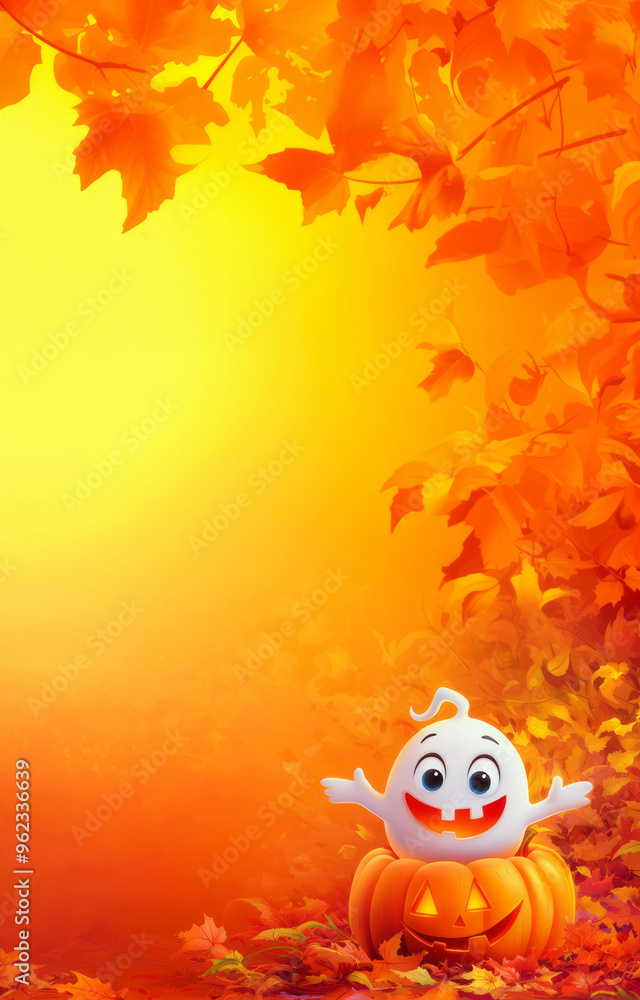 Naklejka premium Fun flyer with ghost and pumpkin for Halloween day