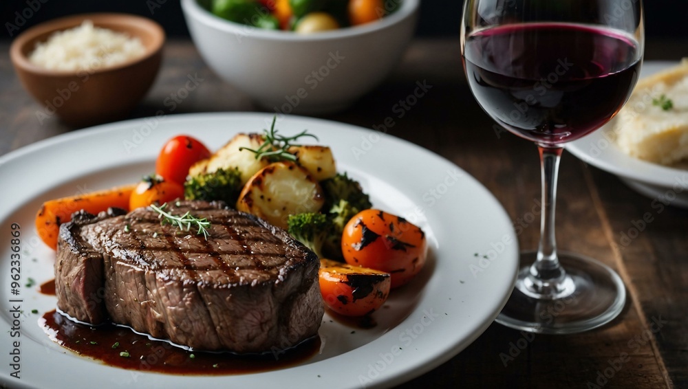 Grilled steak served with vegetables and wine, providing space for text or design. Grilled steak served with vegetables and wine, providing space for text or design.