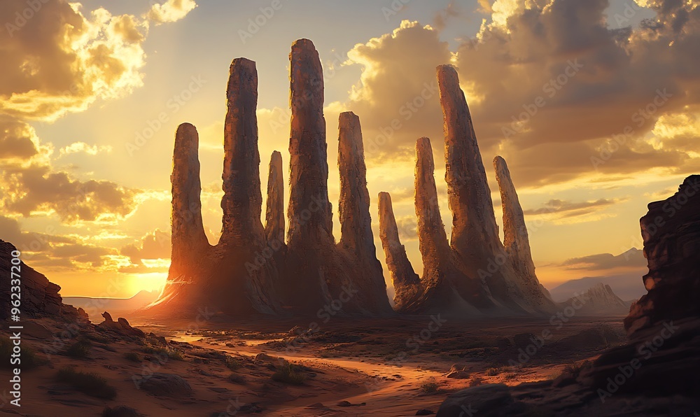 Tall Rock Formations in a Desert Landscape at Sunset Tall Rock Formations in a Desert Landscape at Sunset