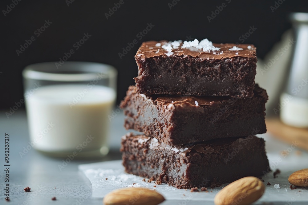 A stack of fudgy vegan chocolate brownies, topped with a sprinkle of sea salt and a side of almond milk A stack of fudgy vegan chocolate brownies, topped with a sprinkle of sea salt and a side of almond milk