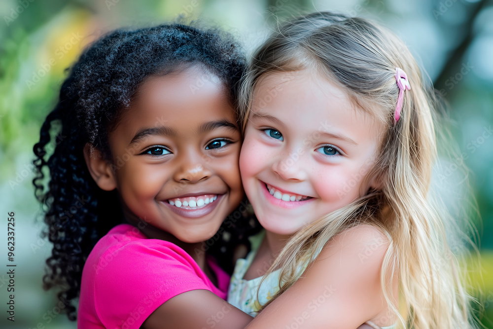 Two happy young girls hugging and smiling outdoors. Representing international children's day. Two happy young girls hugging and smiling outdoors. Representing international children's day.