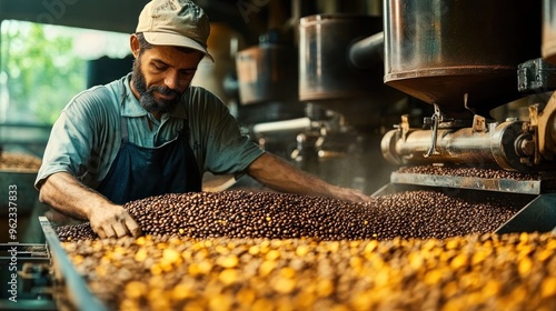 Confident coffee roaster man is checking preparation process, Male worker is working in coffee roasting shop and checking coffee quality, Coffee roasting machine and brown coffee beans.
