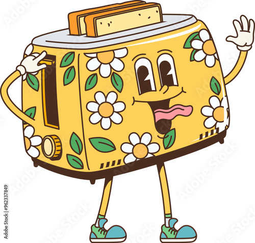 Retro cartoon groovy breakfast toaster character with a smiling face, fried toast slices popping out and floral pattern, waving hand and teasing. Isolated vector toaster kitchen appliance personage