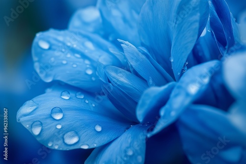 An intricate close-up view of vibrant blue petals adorned with fresh water droplets, highlighting their natural beauty.