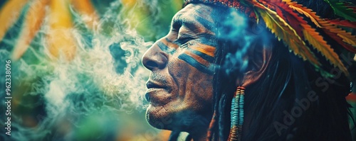 Shaman with traditional face paint blowing smoke during a spiritual ceremony photo