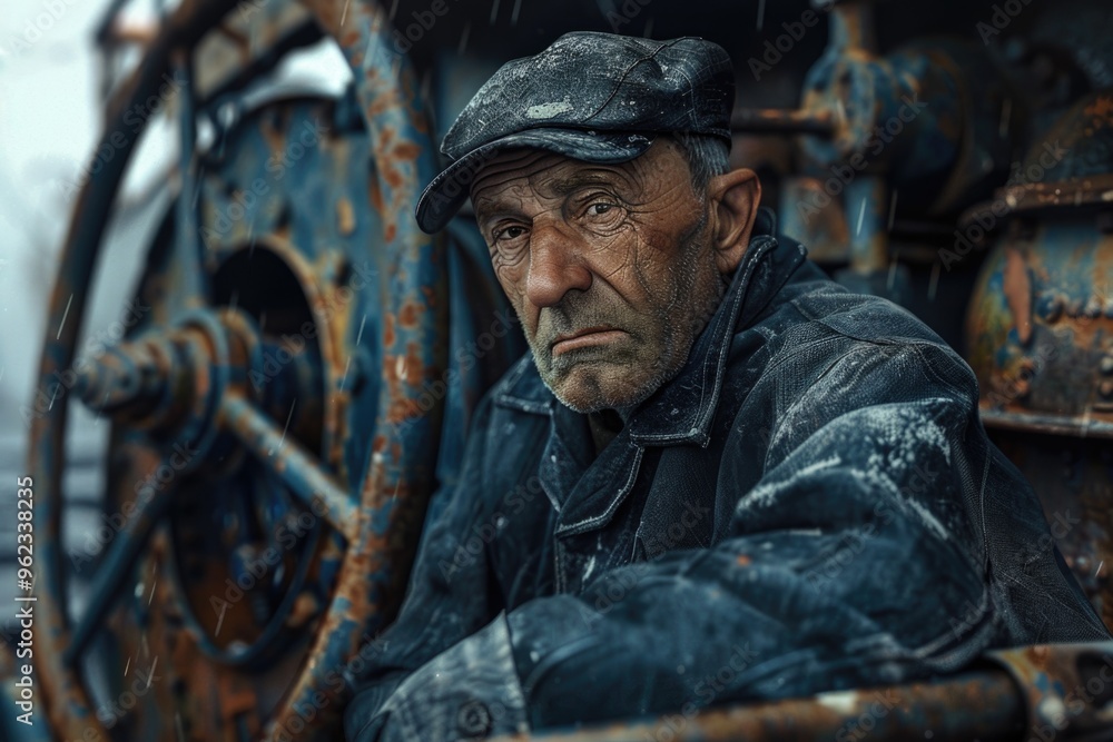 A senior gentleman sits alone on a boat, surrounded by rain and calm waters A senior gentleman sits alone on a boat, surrounded by rain and calm waters