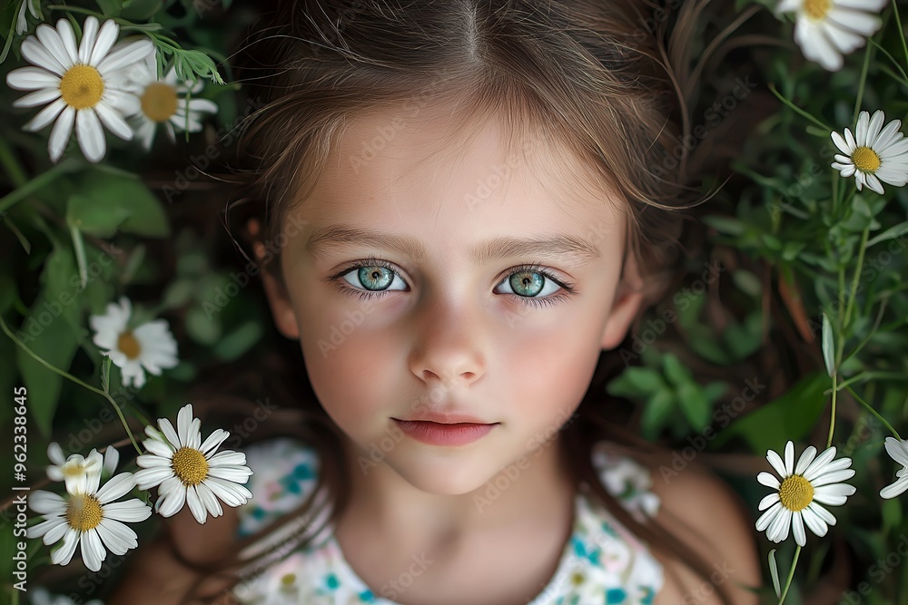 A heartwarming image of a child laying in a field of daisies, gazing upwards with an innocent expression, feeling of serenity. A heartwarming image of a child laying in a field of daisies, gazing upwards with an innocent expression, feeling of serenity.