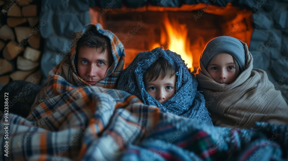 A cozy family scene with three people wrapped in warm blankets sitting in front of a glowing fireplace. The atmosphere is warm and inviting, perfect for capturing the essence of winter comfort and A cozy family scene with three people wrapped in warm blankets sitting in front of a glowing fireplace. The atmosphere is warm and inviting, perfect for capturing the essence of winter comfort and