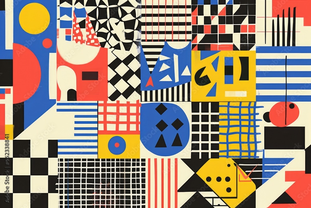 A colorful painting featuring various geometric shapes and patterns A colorful painting featuring various geometric shapes and patterns