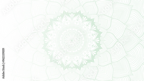 Round mandala on dreamy peach fuzz gradient background. Translucent mesh pattern in the form of a mandala. Mandala with floral patterns. Pastel Yoga template. Gradient background with round mandala