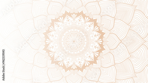 Round mandala on dreamy peach fuzz gradient background. Translucent mesh pattern in the form of a mandala. Mandala with floral patterns. Pastel Yoga template. Gradient background with round mandala