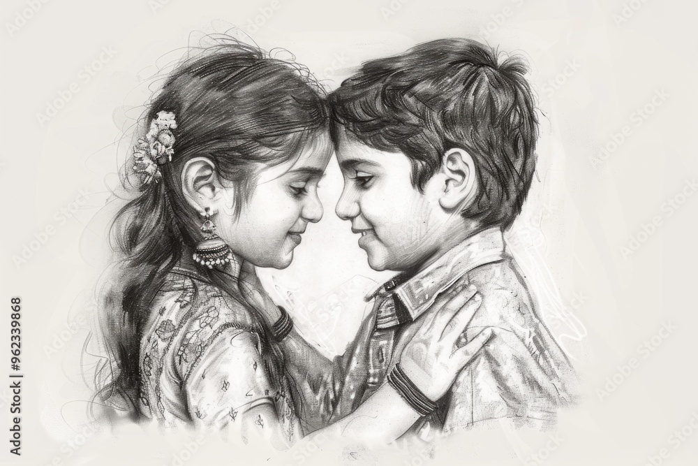 Illustration of two children, a boy and a girl, sitting together Illustration of two children, a boy and a girl, sitting together