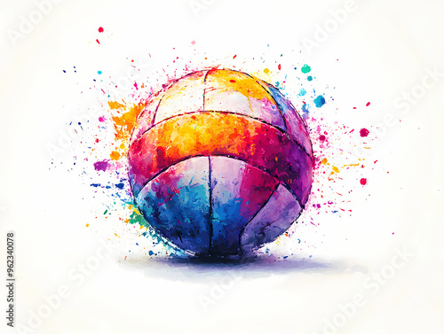 Colorful watercolor volleyball with splatter effects.