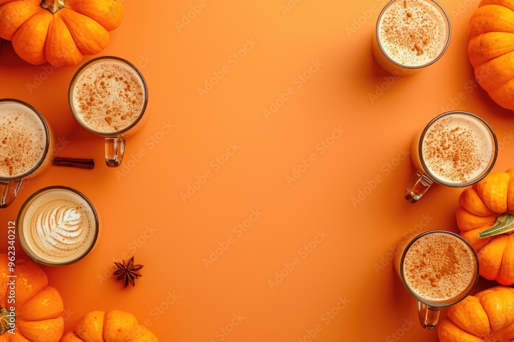 A collection of mugs with pumpkin spice lattes on an orange background A collection of mugs with pumpkin spice lattes on an orange background