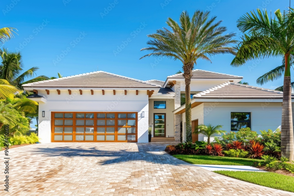 A suburban house surrounded by palm trees and a driveway A suburban house surrounded by palm trees and a driveway
