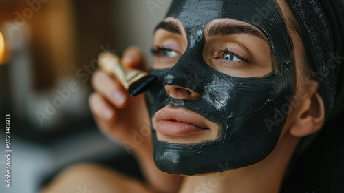 woman with black facial mask at beauty saloon