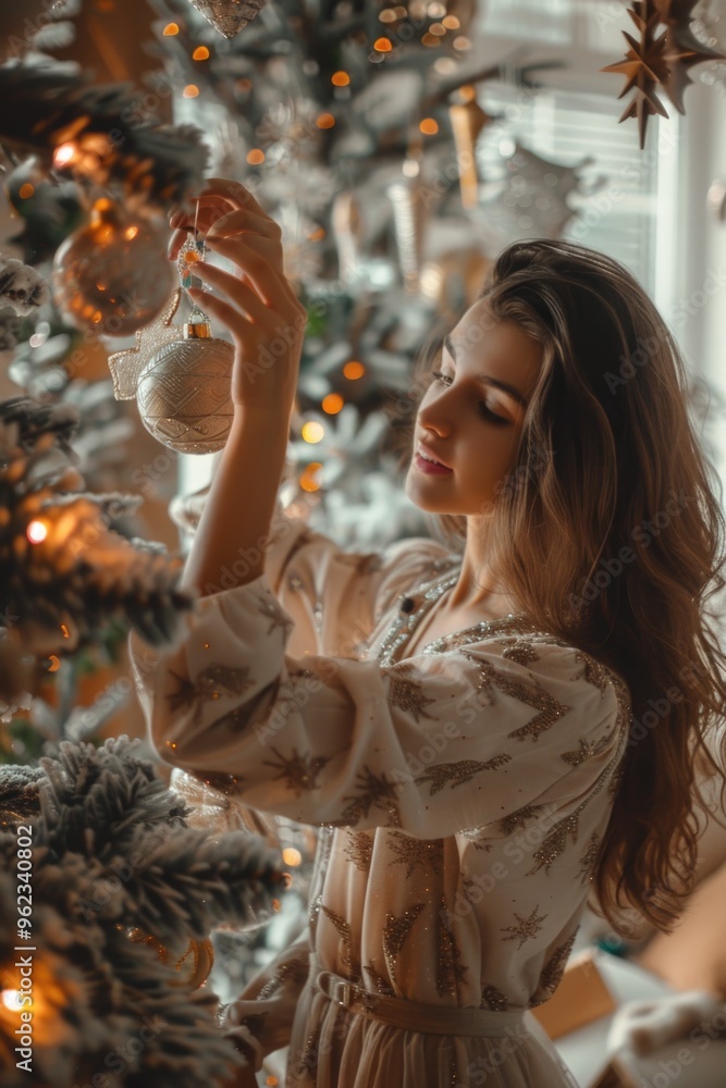Fototapeta premium Woman decorating Christmas tree with ornaments and lights