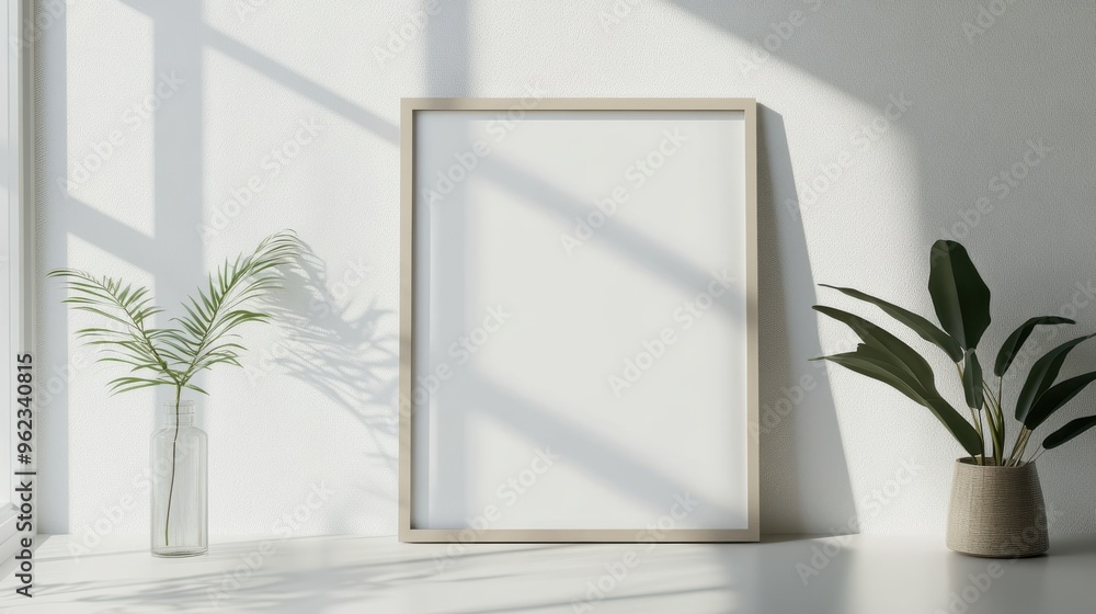 Minimalist frame mockup placed on a clean surface with sunlight softly streaming through nearby windows Minimalist frame mockup placed on a clean surface with sunlight softly streaming through nearby windows