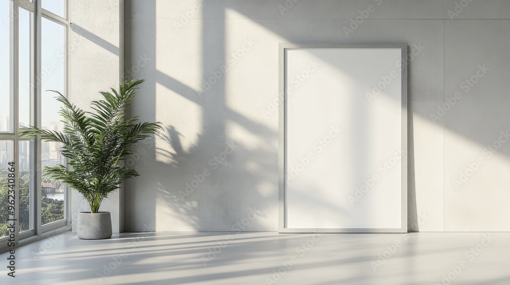 Obraz premium Mockup of a sleek frame leaning against a wall in a brightly lit room with large windows