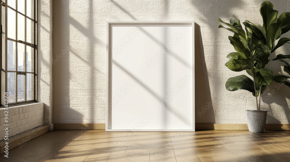 Fototapeta premium 3d mockup of a blank white frame on a wooden floor in a room filled with soft natural light