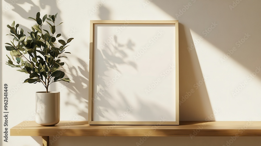 Mockup of a blank frame leaning on a wooden shelf in a room with sunlight softly pouring in Mockup of a blank frame leaning on a wooden shelf in a room with sunlight softly pouring in