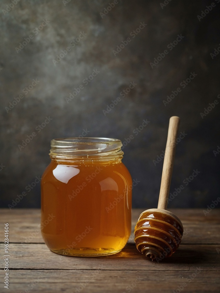 Jar of honey with stick on a wooden surface, ample space for adding text. Jar of honey with stick on a wooden surface, ample space for adding text.