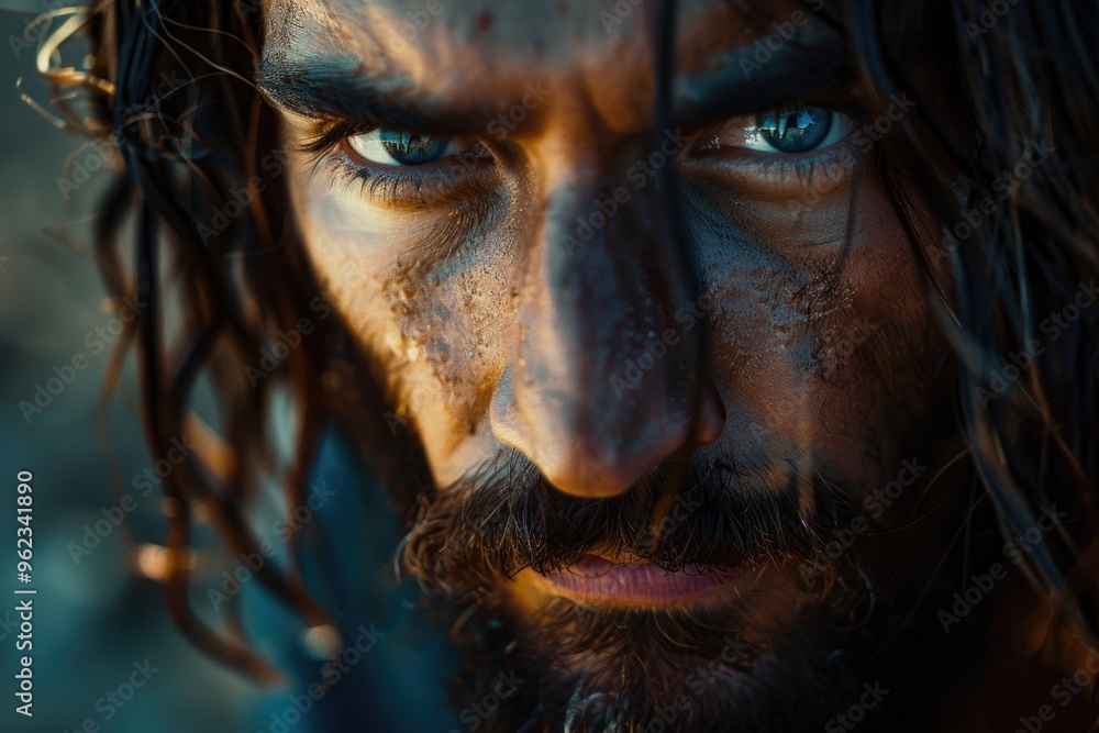 Portrait of a person with long hair and beard, suitable for artistic or cultural use Portrait of a person with long hair and beard, suitable for artistic or cultural use
