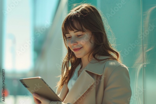 A woman looks at her tablet in a trench coat