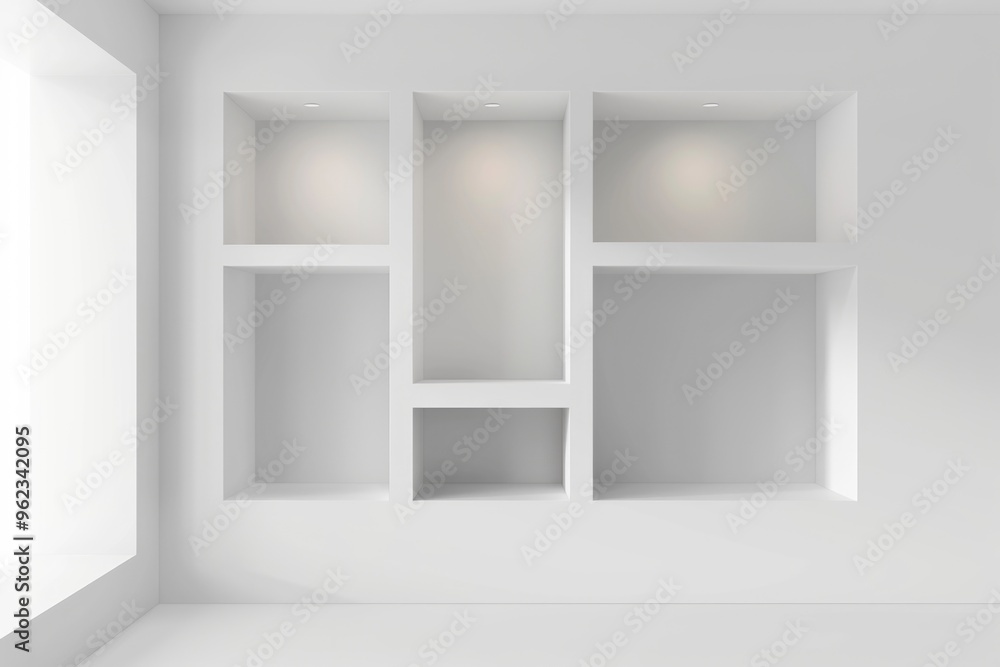 A simple white room with a shelf and a window, ideal for interior design or minimalist themes A simple white room with a shelf and a window, ideal for interior design or minimalist themes