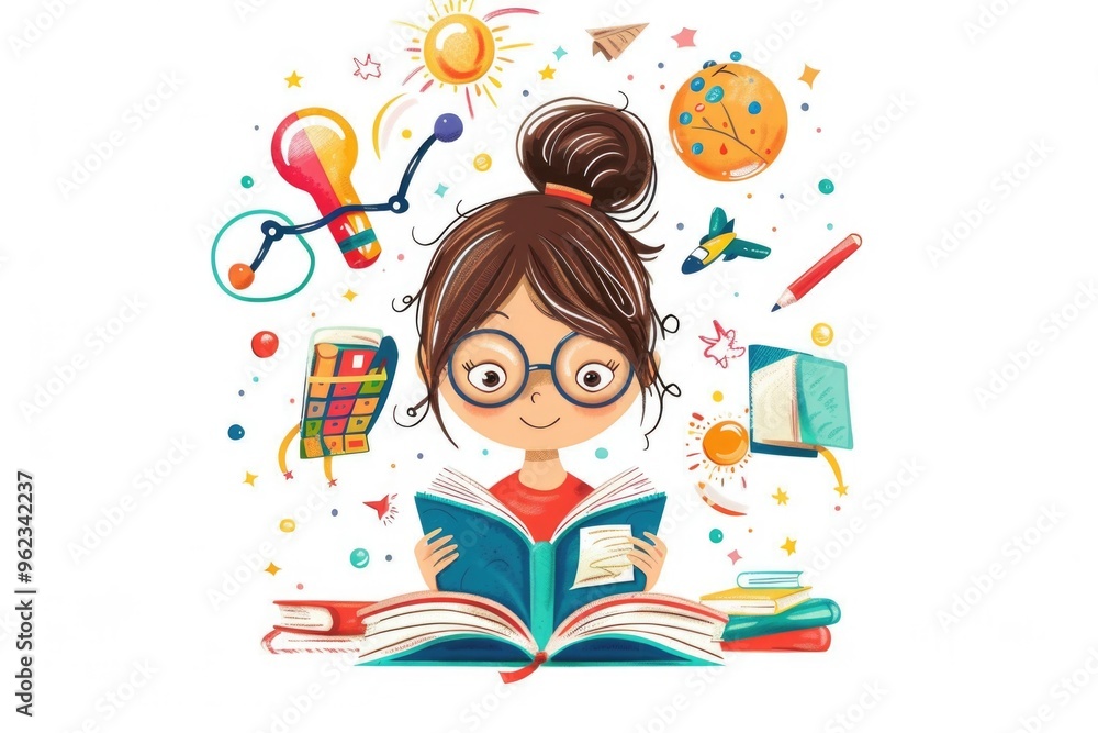 A young girl surrounded by books and school materials, focused on her studies A young girl surrounded by books and school materials, focused on her studies