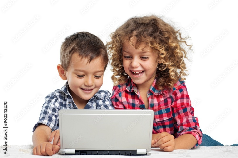 A young couple sitting together, looking at a laptop screen A young couple sitting together, looking at a laptop screen