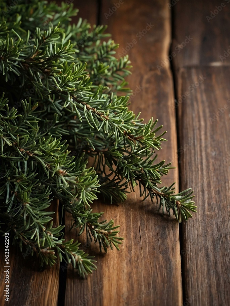 Juniperus branches on a wooden surface, with room for text or design. Juniperus branches on a wooden surface, with room for text or design.