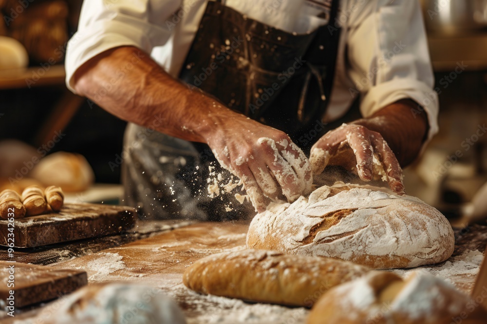 Closeup of a baker's hands shaping sourdough on a flour-dusted table.. Closeup of a baker's hands shaping sourdough on a flour-dusted table..