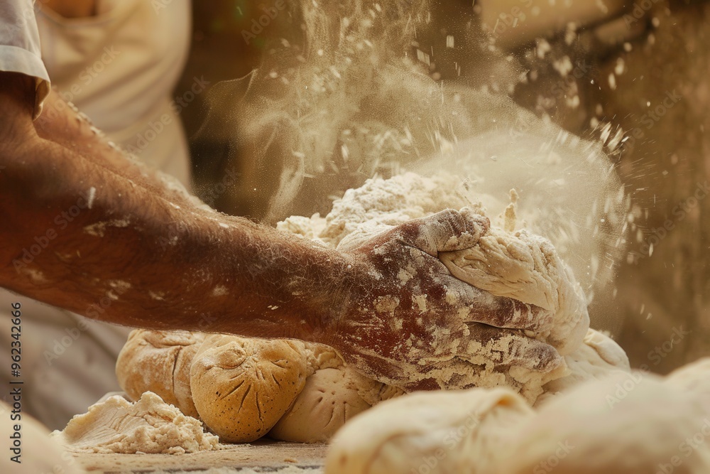 Sourdough preparation on a flour-covered surface, baker's hands working in closeup.. Sourdough preparation on a flour-covered surface, baker's hands working in closeup..