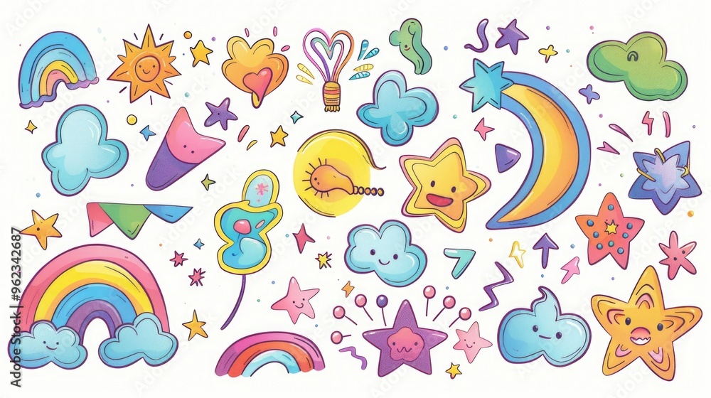 Obraz premium A collection of colorful stickers arranged on a white background, ideal for use in creative projects or as a design element