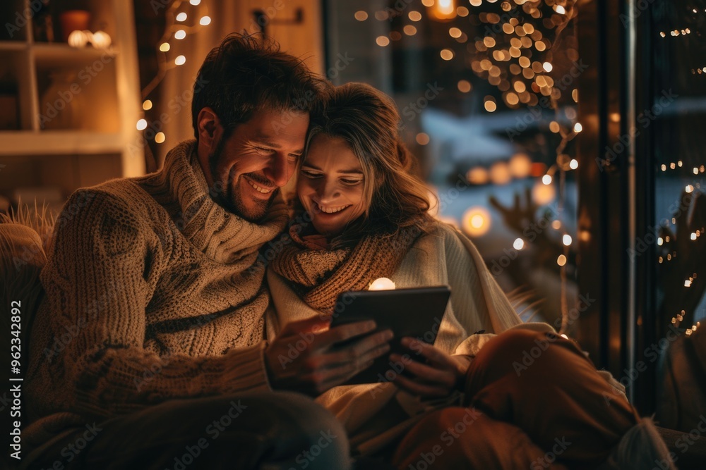 A couple sitting on a couch looking at a tablet, possibly browsing the internet or watching a video A couple sitting on a couch looking at a tablet, possibly browsing the internet or watching a video