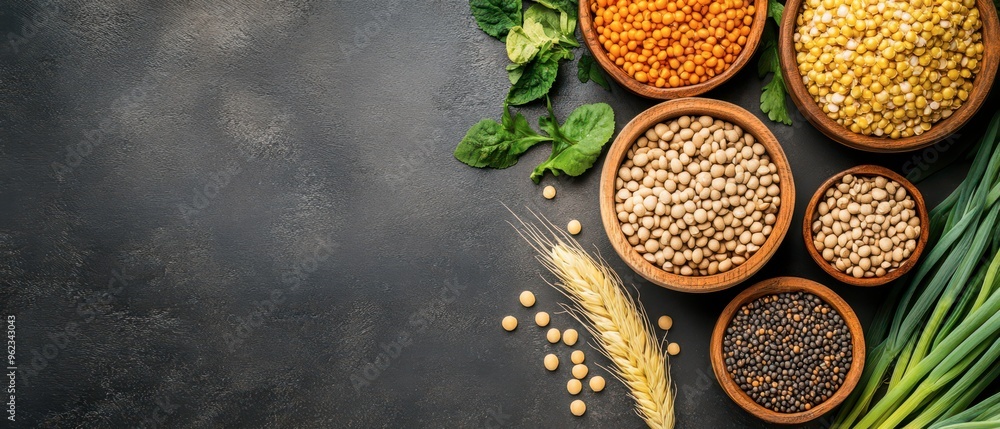 Colorful array of grains and legumes on a textured dark surface Colorful array of grains and legumes on a textured dark surface