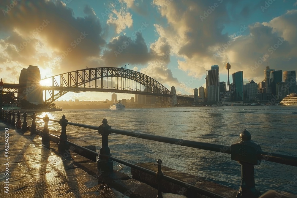 Fototapeta premium Lakefront cityscape with a bridge and city buildings in the background