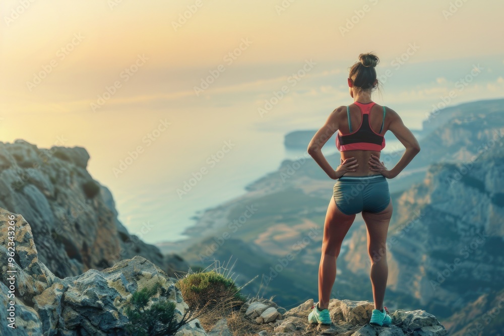 A woman stands triumphantly at the top of a mountain, her hands on her hips