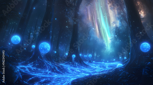 Mystical bioluminescent forest with glowing orbs and luminescent trees, creating a surreal, dreamlike atmosphere with blue and violet lights illuminating the night landscape photo