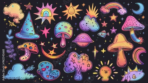 A collection of variously colored objects against a dark backdrop